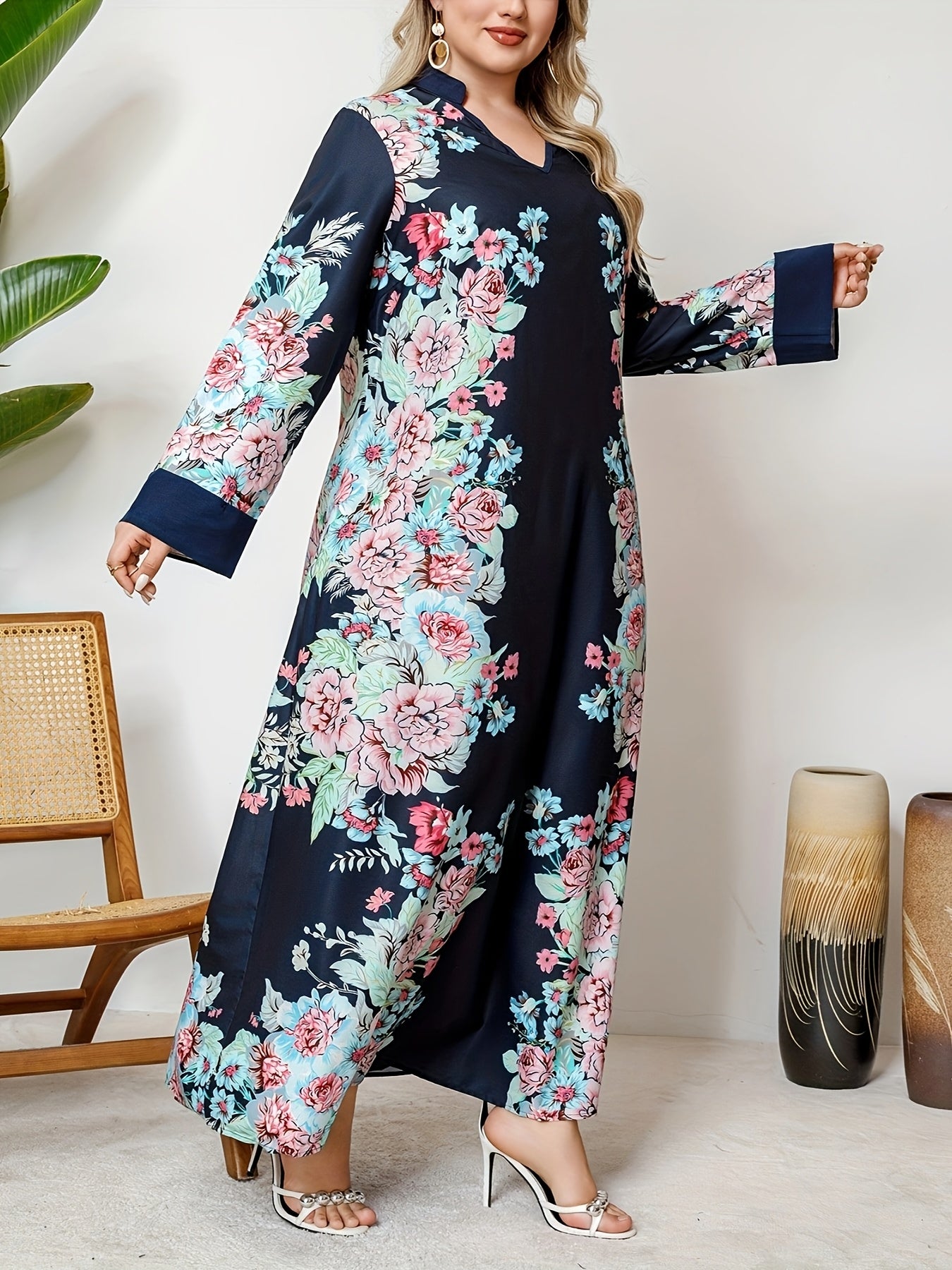 Plus Size Women's V-Neck Dress with Ethnic Print and Elegant Style