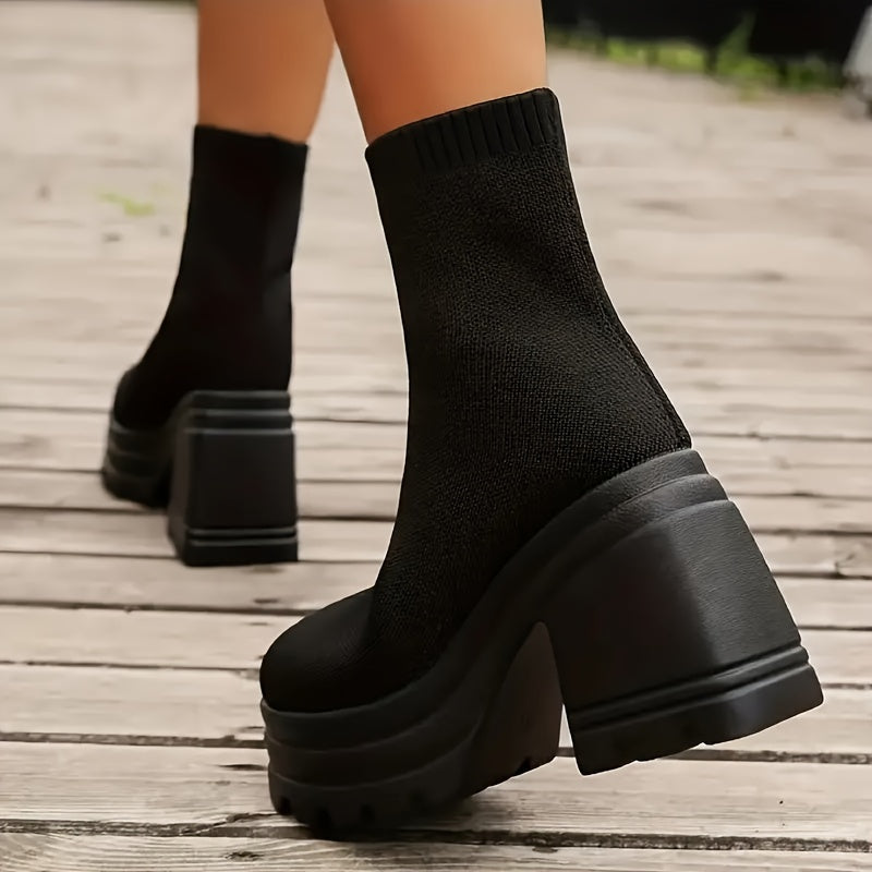 Women’s Chunky Platform Ankle Boots Black Faux Cover Slip-On High Heel