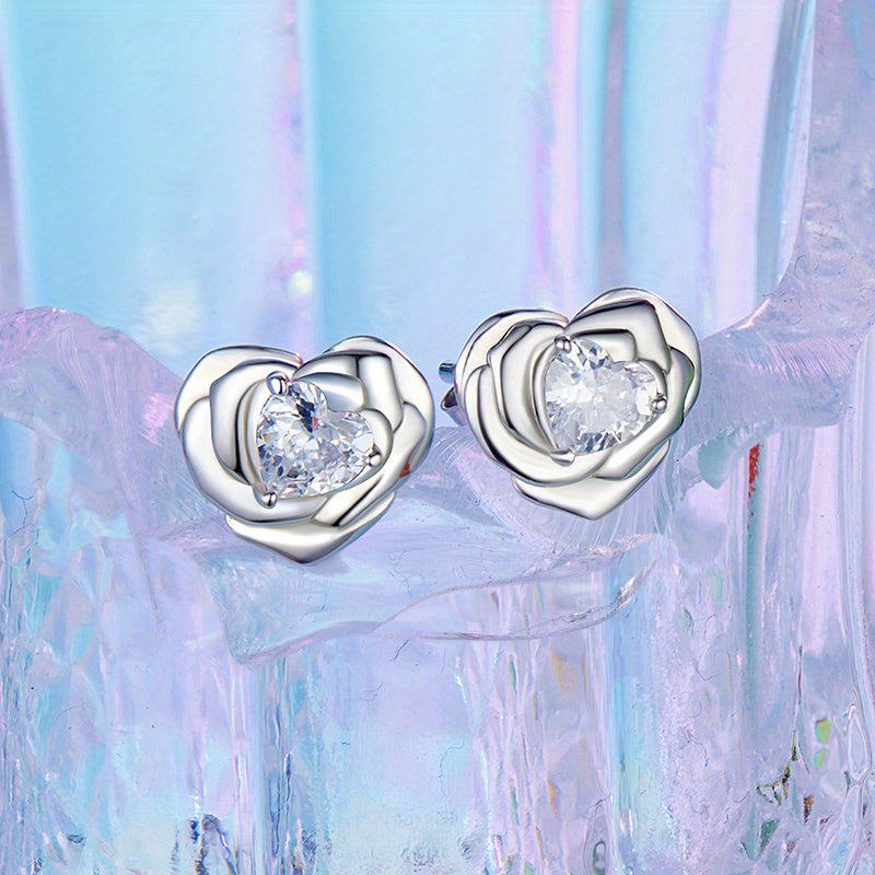 Women’s Heart and Rose Stud Earrings Hypoallergenic Sterling Silver Cubic Zirconia Gift