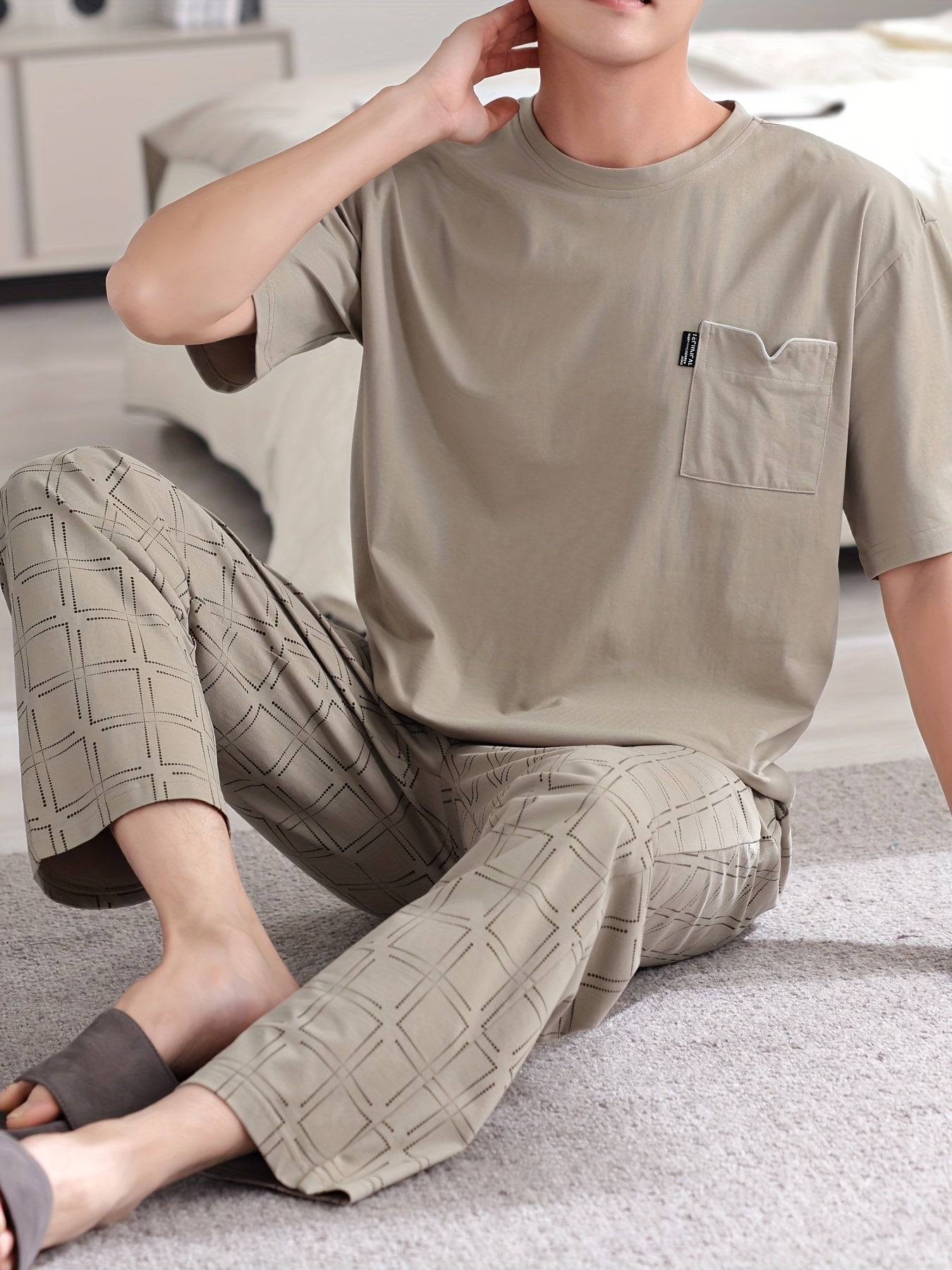 Conjunto de pijama de algodón de talla grande para hombre, manga corta, estampado geométrico, ropa de descanso