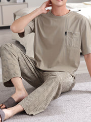 Conjunto de pijama de algodón de talla grande para hombre, manga corta, estampado geométrico, ropa de descanso
