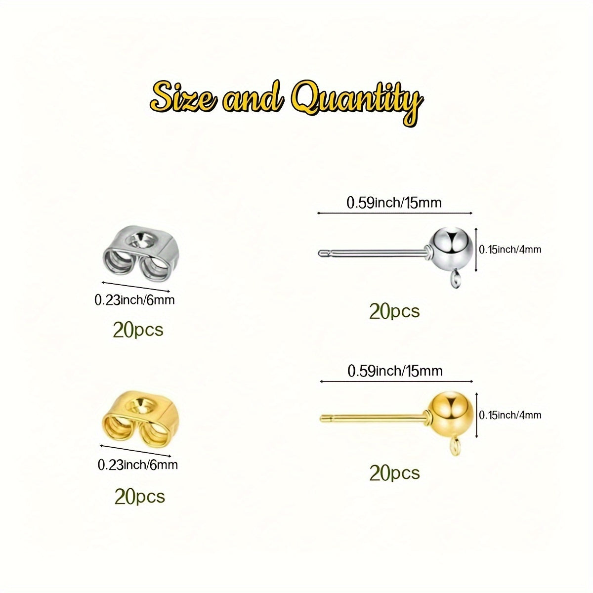 80 Pcs Jewelry Findings Set with Ball and Column Earrings and Butterfly Backs for DIY Jewelry Making in Silver and Gold