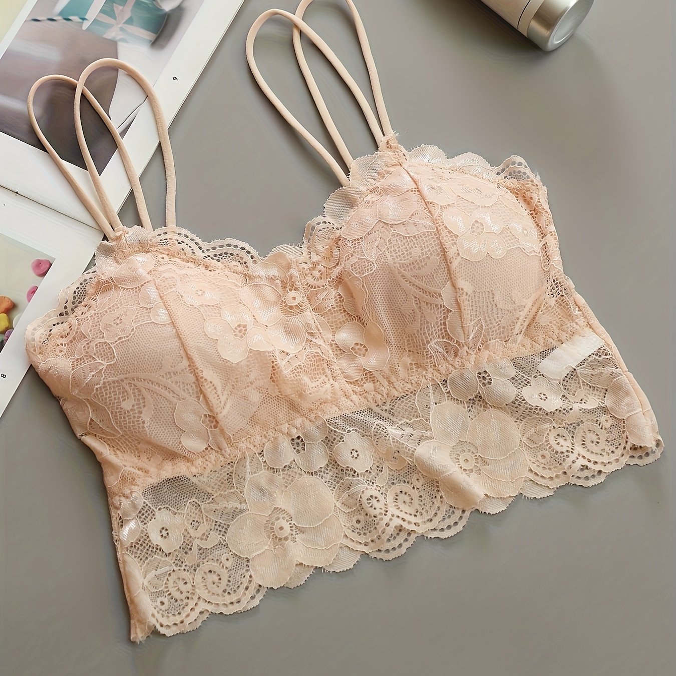 Women's Wireless Lace Bra with Double Shoulder Straps and Soft Padded Navel Top