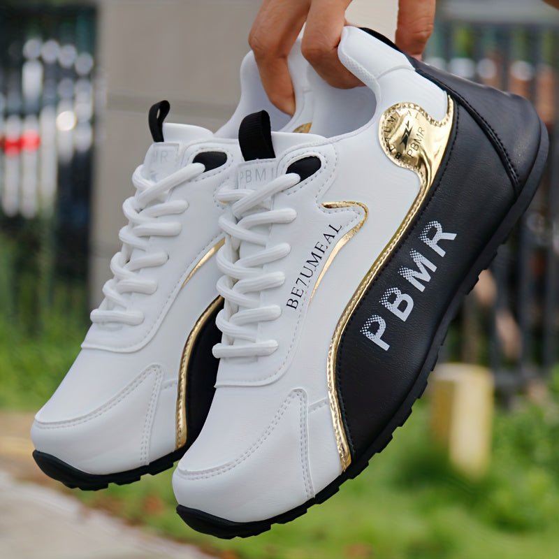 Women's White Gold Low-Top Sneakers Synthetic Lace-Up Casual Comfortable