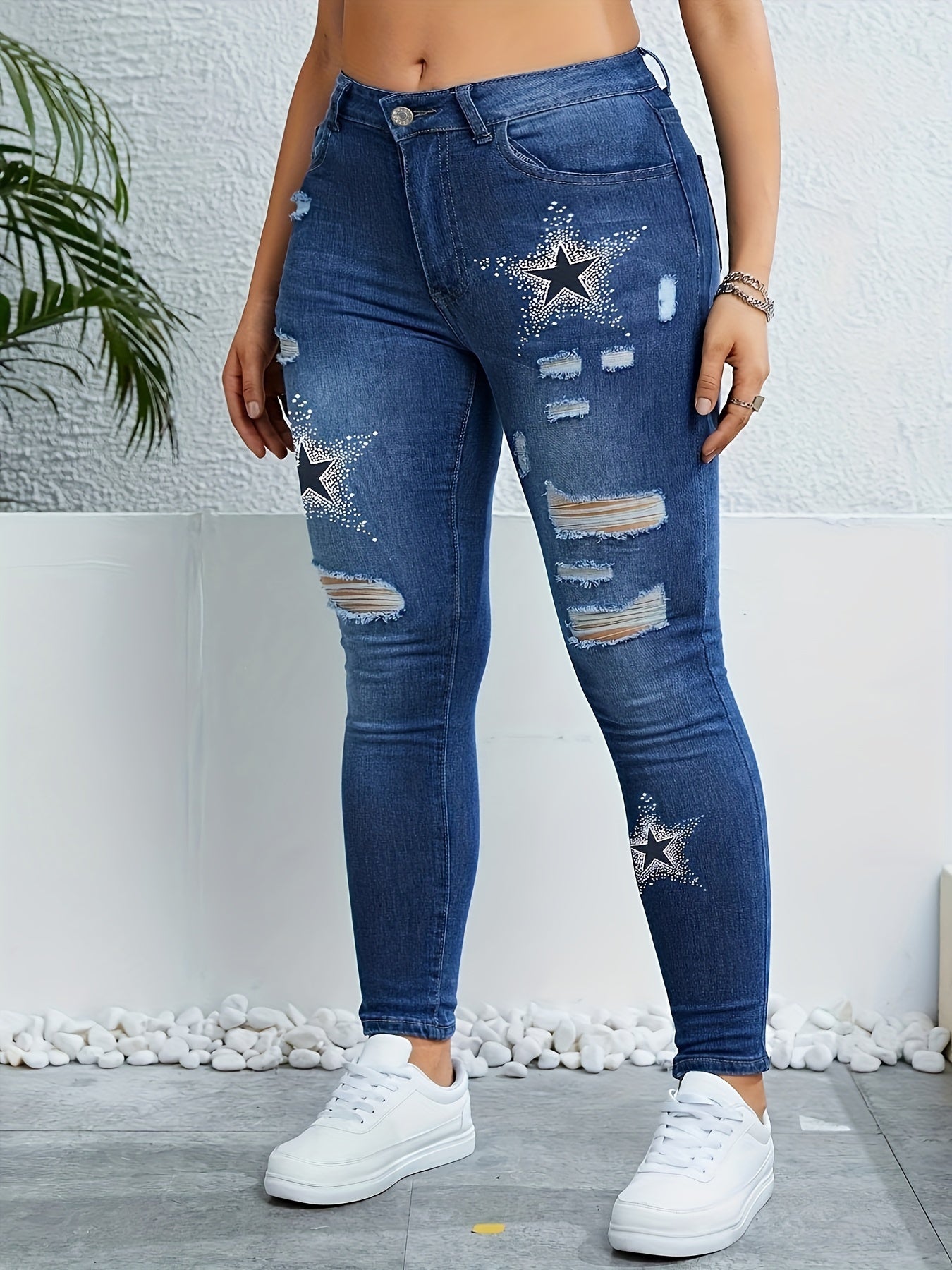 Women's High-Waist Star Print Distressed Skinny Jeans Stretch Denim Light Blue White Stars