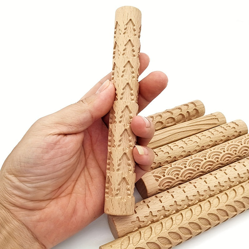 Embossing Rolling Pin for Dough Shaping, Wooden Kitchen Tool for Pizzas and Cookies