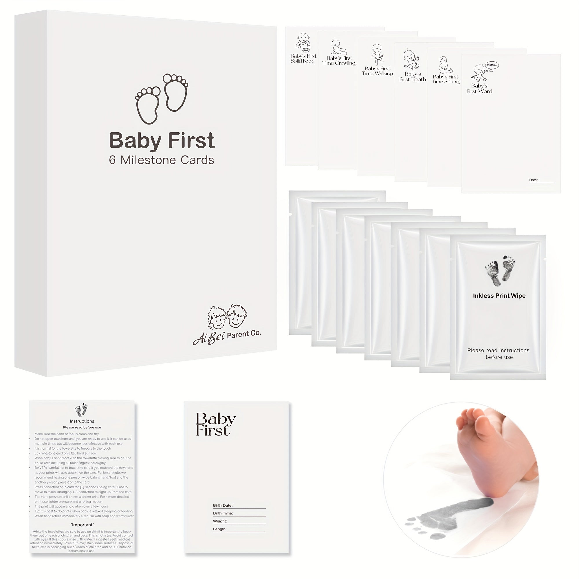 Baby Keepsake Kit 7-Piece Milestone Memory Set with Inkless Hand Footprint Cards and Casting Paper