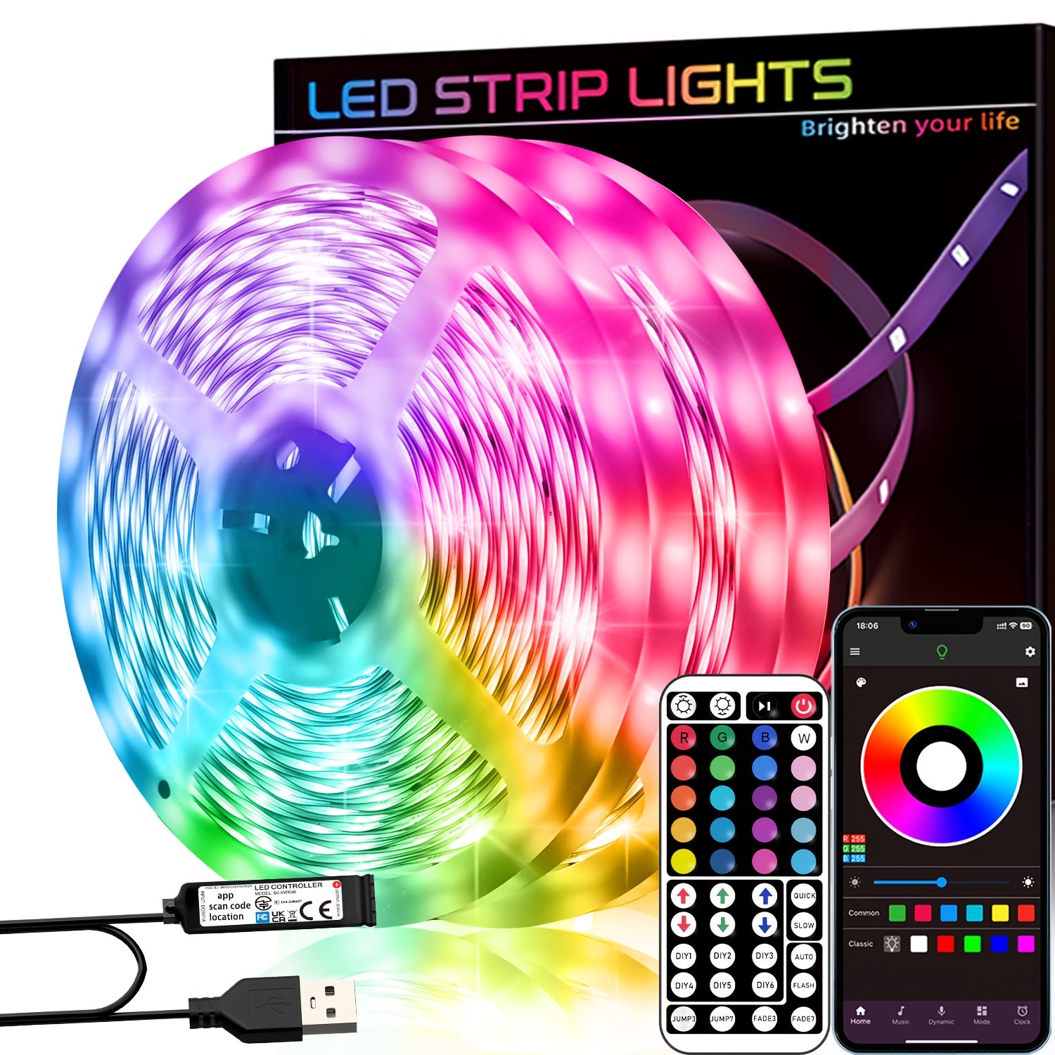 Tira de luces LED RGB de 5V alimentada por USB de 91,44cm a 30,48m con control remoto, aplicación, regulable, cambio de color para dormitorio, sala de estar, fiesta