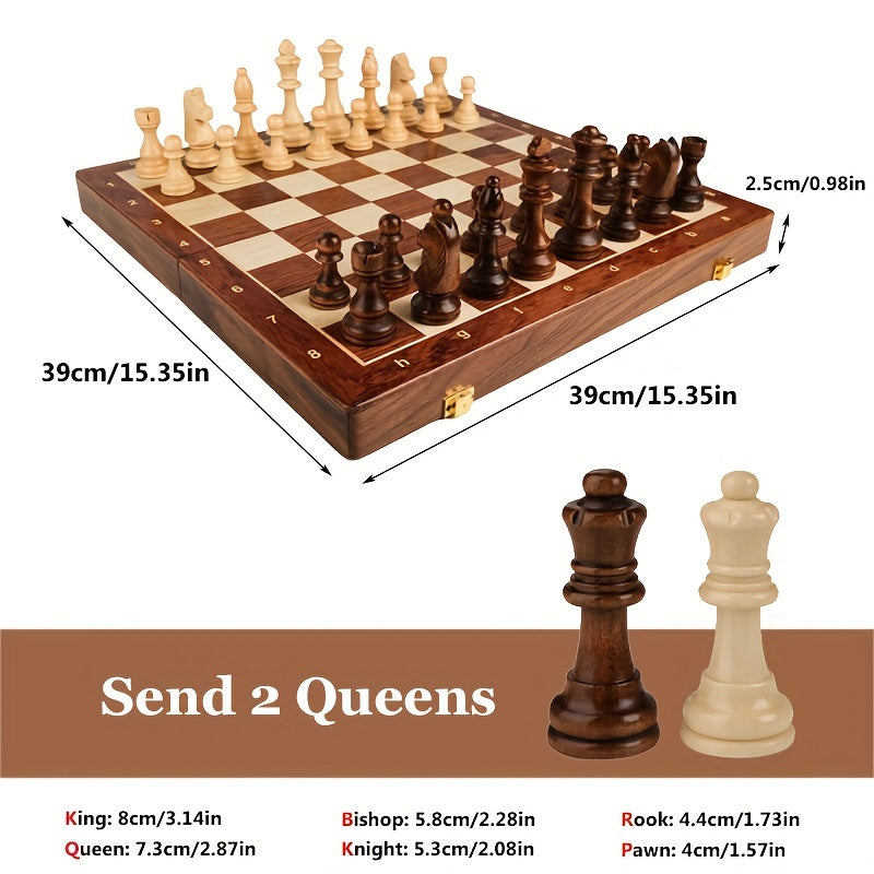 Solid Wood Chess Set with Folding Walnut Checkerboard and Internal Storage 15 Inch