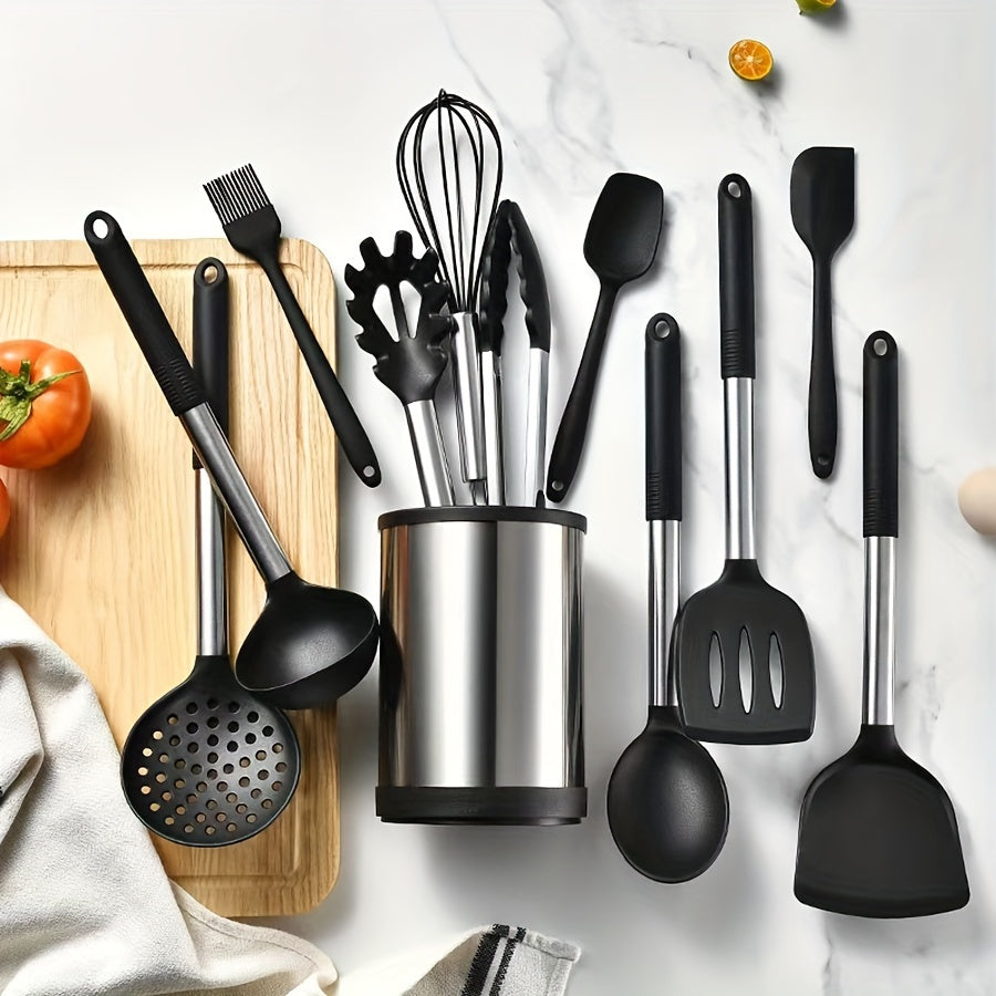 Stainless Steel Kitchen Utensil Holder Brushed Metal 360° Rotating with Drainage