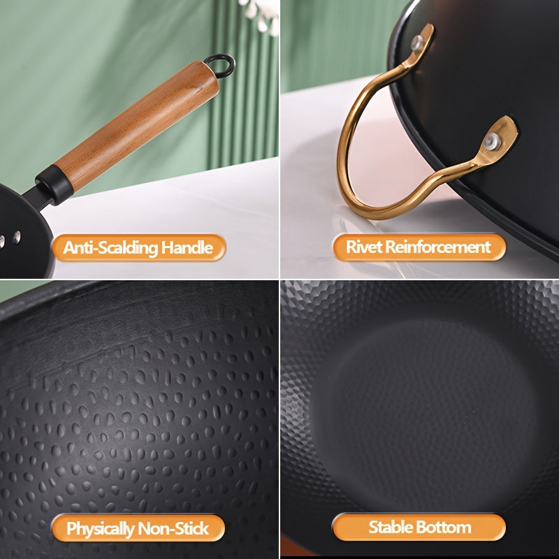 Традиционная сковорода-вок с деревянной ручкой, 34,98 см, антипригарная, плоское дно, подходит для индукционных и газовых плит, универсальная сковорода для жарки.