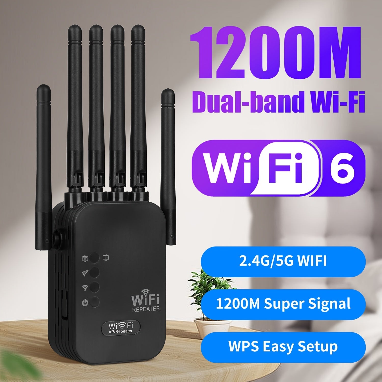 WiFi Extender Dual Band Repeater 1200Mbps with 6 Antennas Supports WiFi 6 Ethernet Long Range Coverage