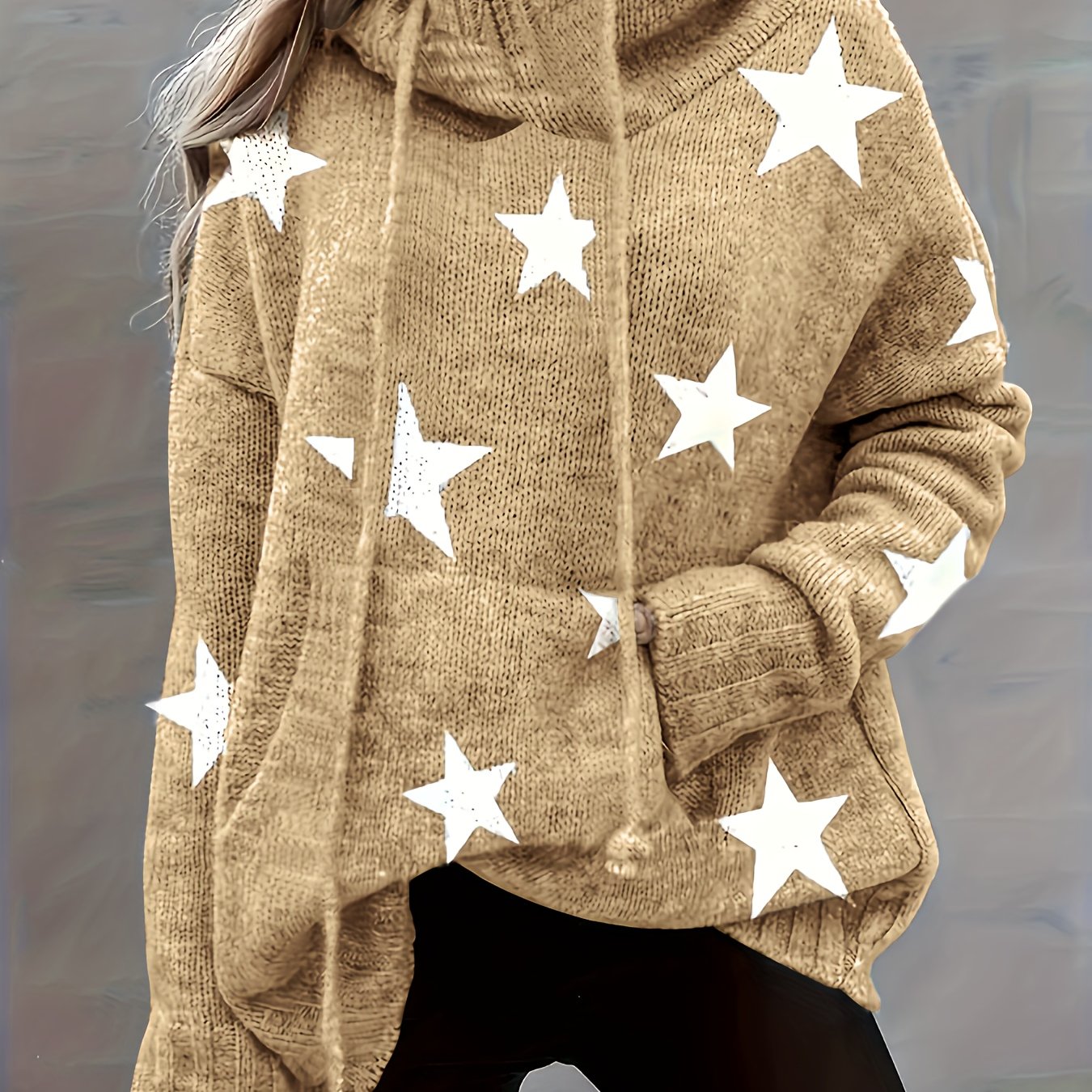 Plus Size Women’s Knit Hoodie With Pockets and Star Print