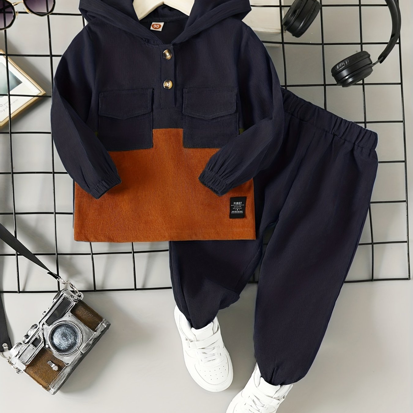 Boys Kids Corduroy Hoodie and Pants Set Brown Beige Fall Winter Casual Machine Washable