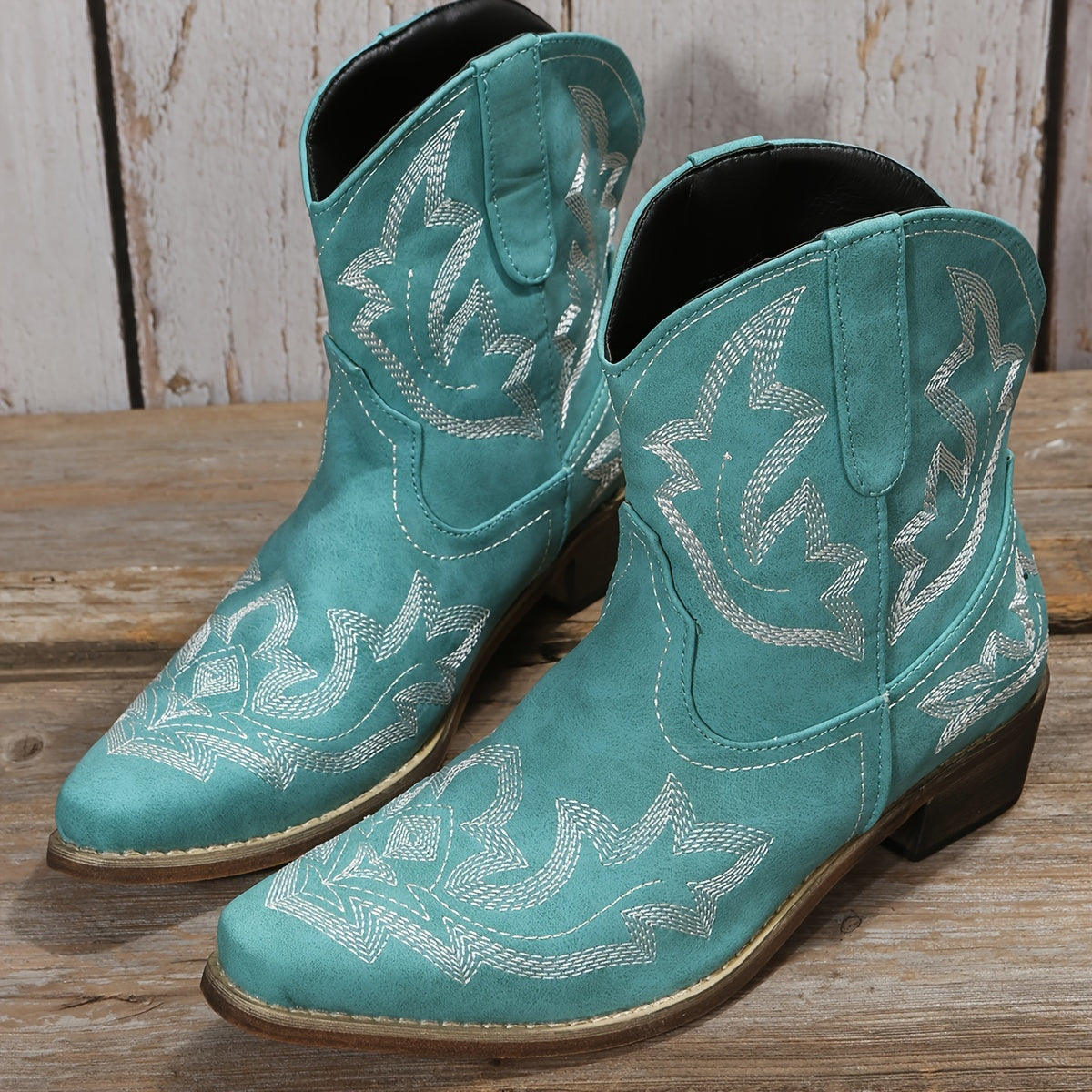 Women's Turquoise Embroidered Ankle Boots Faux Cover Pointed Toe Slip-On Chunky Mid Heel