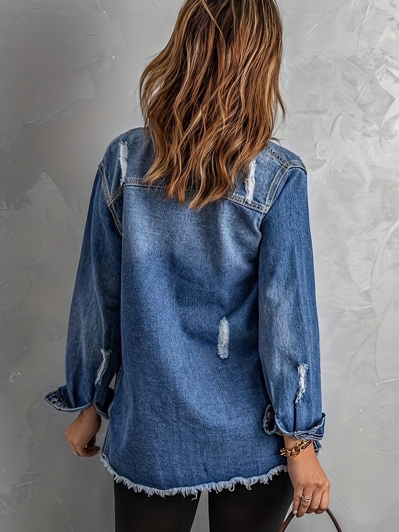Women's Denim Jacket Washed Distressed Ripped Solid Color Spring Summer Coat
