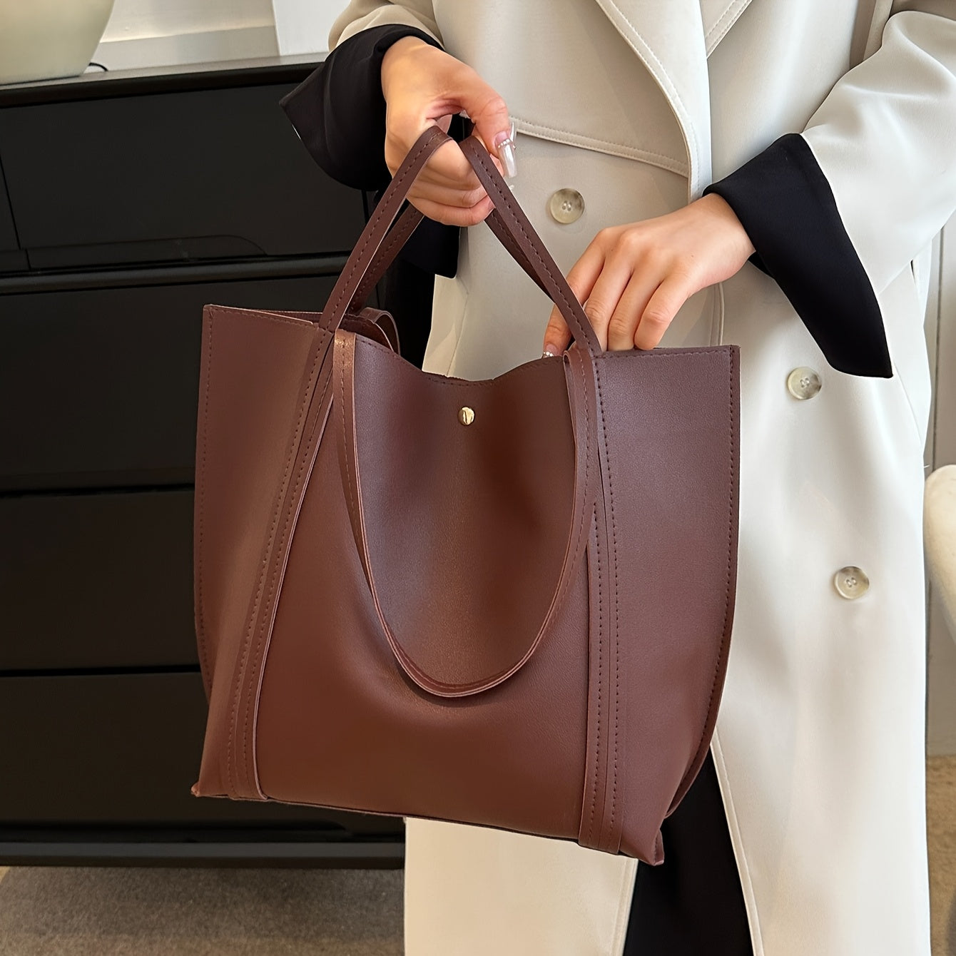 Women's Black Large Capacity Casual PU Shoulder Tote Bag