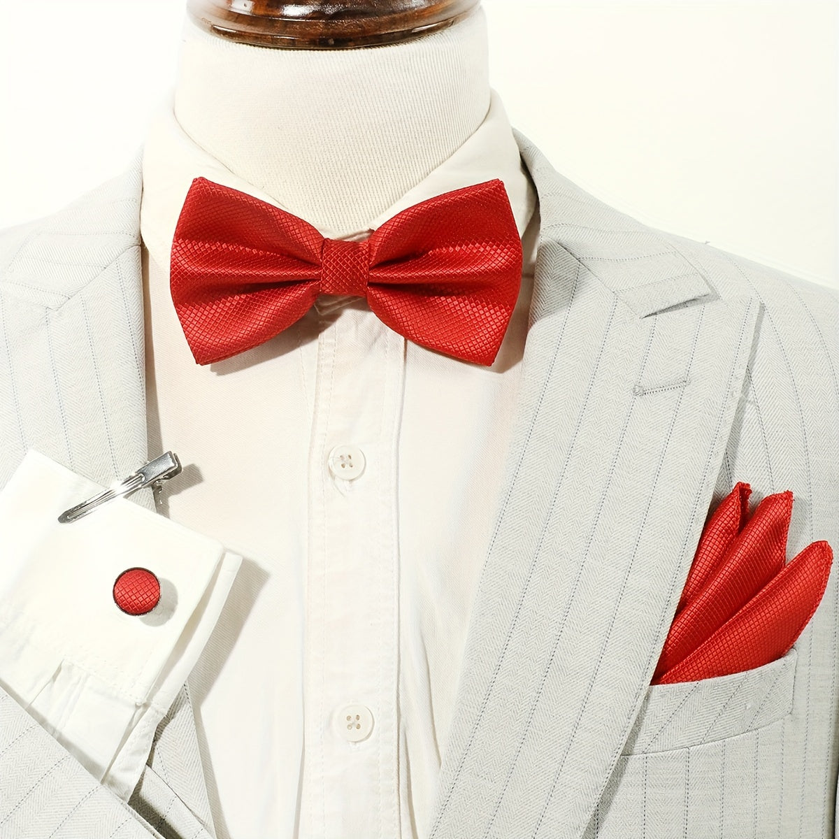 Men's Formal Wedding Bow Tie Set with Pocket Square and Cufflinks