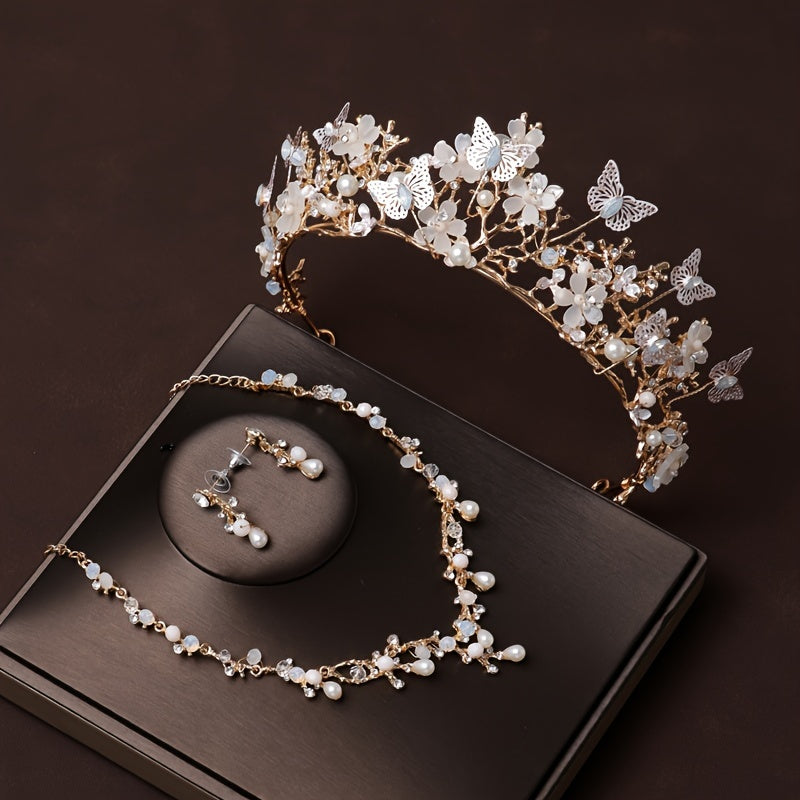 Set of 3 Bridal Jewelry Pieces Rhinestone Butterfly Tiara Faux Pearl Floral Headband Necklace Earrings