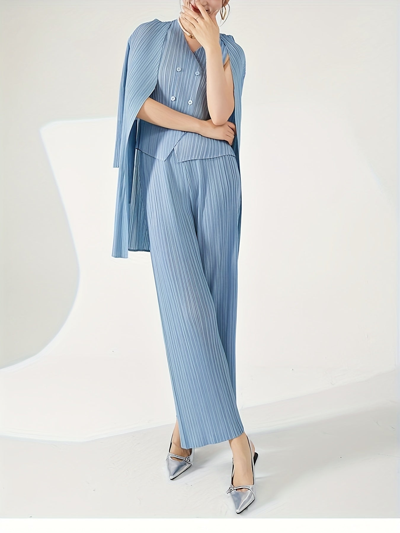 Plus Size Women's Summer Chiffon Three-Piece Suit with Pleated Pants