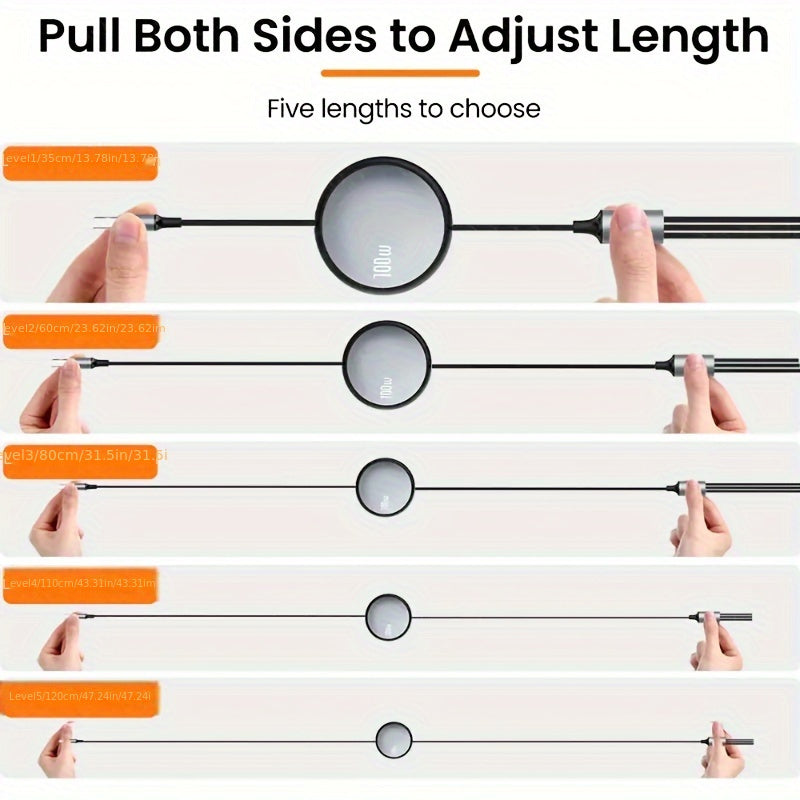 Retractable USB Charging Cable 100W Fast Charging 6A Data Sync 480Mbps