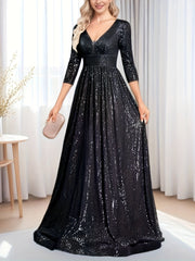 Plus Size Sequin V-Neck Evening Gown Dress with Mermaid Bodice and Flowing Train