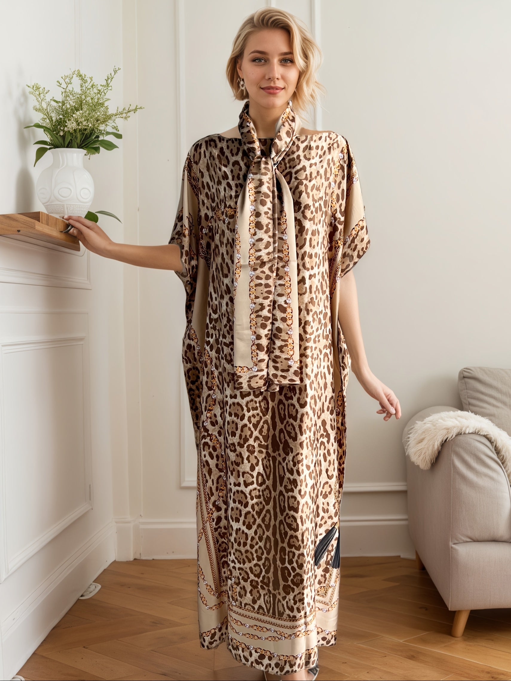 Plus Size Women Leopard Print Maxi Dress with Scarf Batwing Sleeves