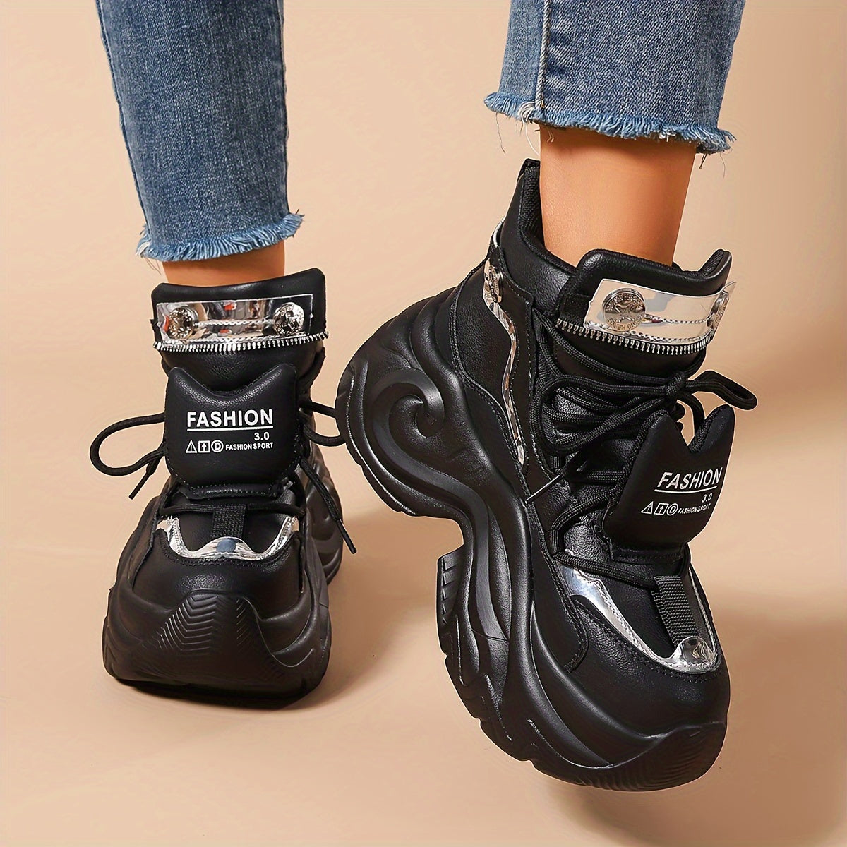 Women's Chunky Platform Sneakers High-Top Lace-Up White Casual Shoes