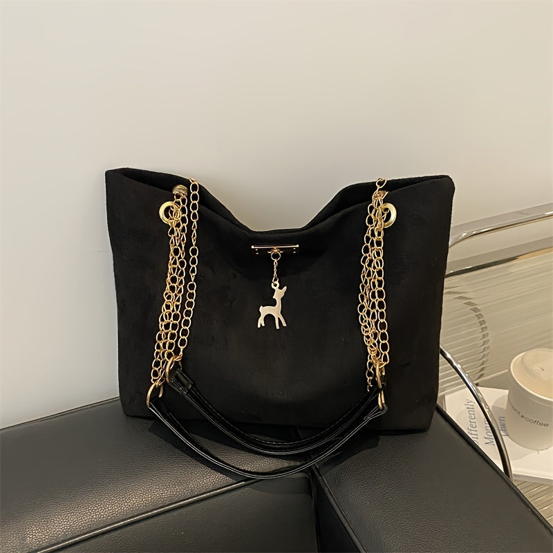 Casual Faux Leather Tote Bag with Deer Charm Large Capacity Lightweight Fixed Straps Magnetic Closure for Women