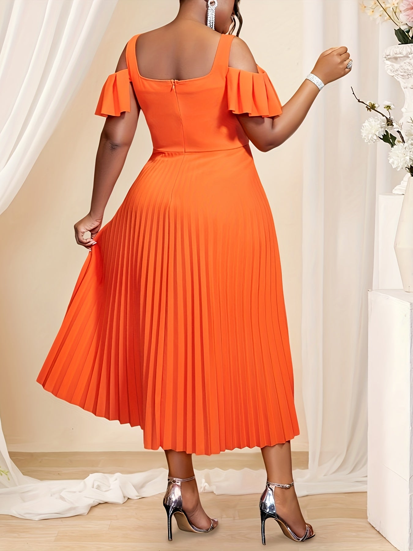 Plus Size Orange Midi Dress with Ruffle Sleeves and Pleated Detail