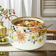 French Daisy Stockpot with Lid Enamel Coating Induction Compatible Floral Design
