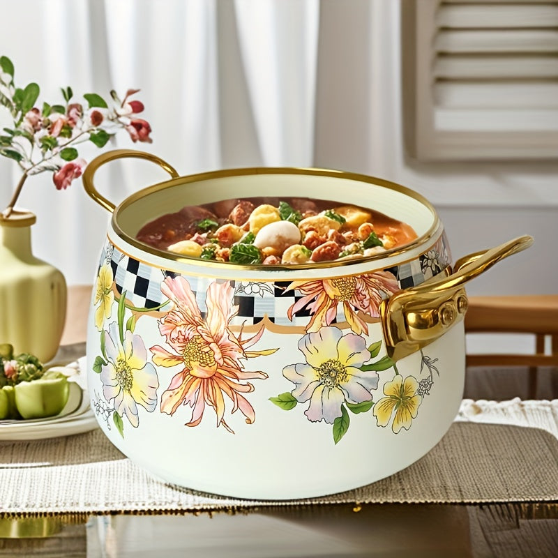 French Daisy Stockpot with Lid Enamel Coating Induction Compatible Floral Design