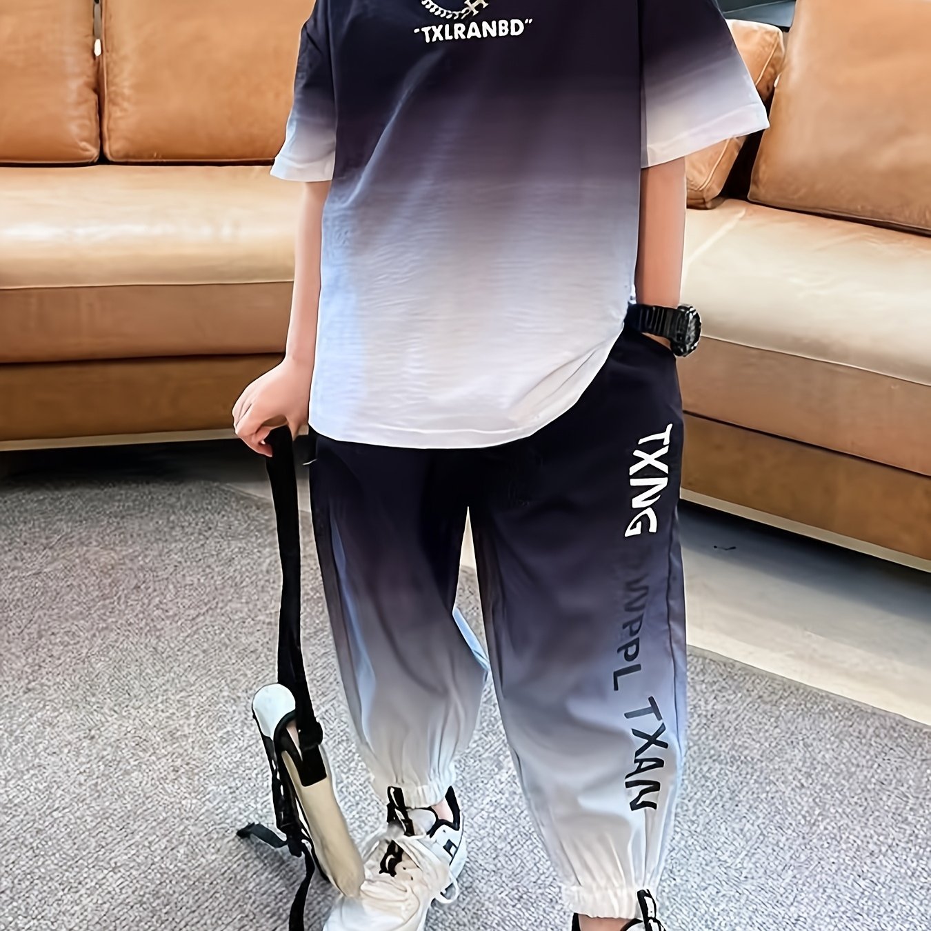 Boys Summer Sports Set with Printed T-Shirt and Cuffed Pants for Outdoor Activities