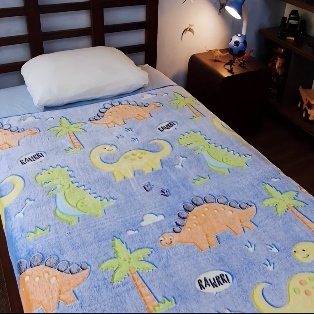 Kids' Glow-in-the-Dark Dinosaur Blanket with Cartoon Dinos and Palm Trees in 3 Sizes