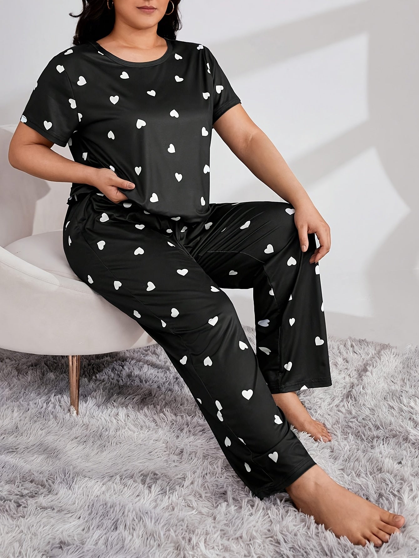 Женский комплект ночной одежды больших размеров с принтом "сердечная волна", короткий рукав, длинные штаны, пижама