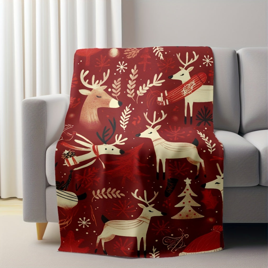 Red Christmas Reindeer Flannel Throw Blanket Soft Warm Cozy for Sofa Bed Camping