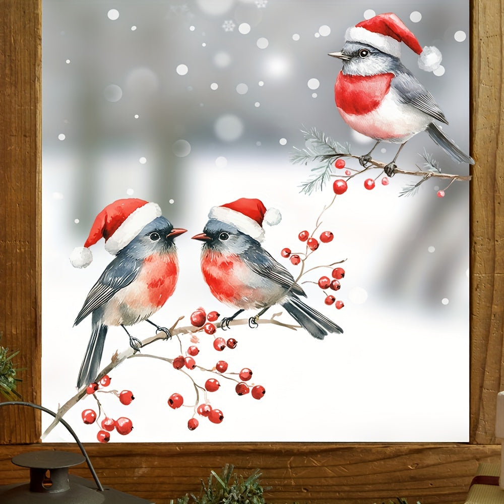 Decorative Christmas Window Decals Birds Red Berry Branches Glass Clings Self-Adhesive Holiday Decor