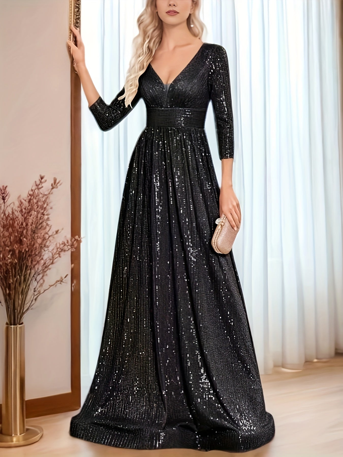 Plus Size Sequin V-Neck Evening Gown Dress with Mermaid Bodice and Flowing Train