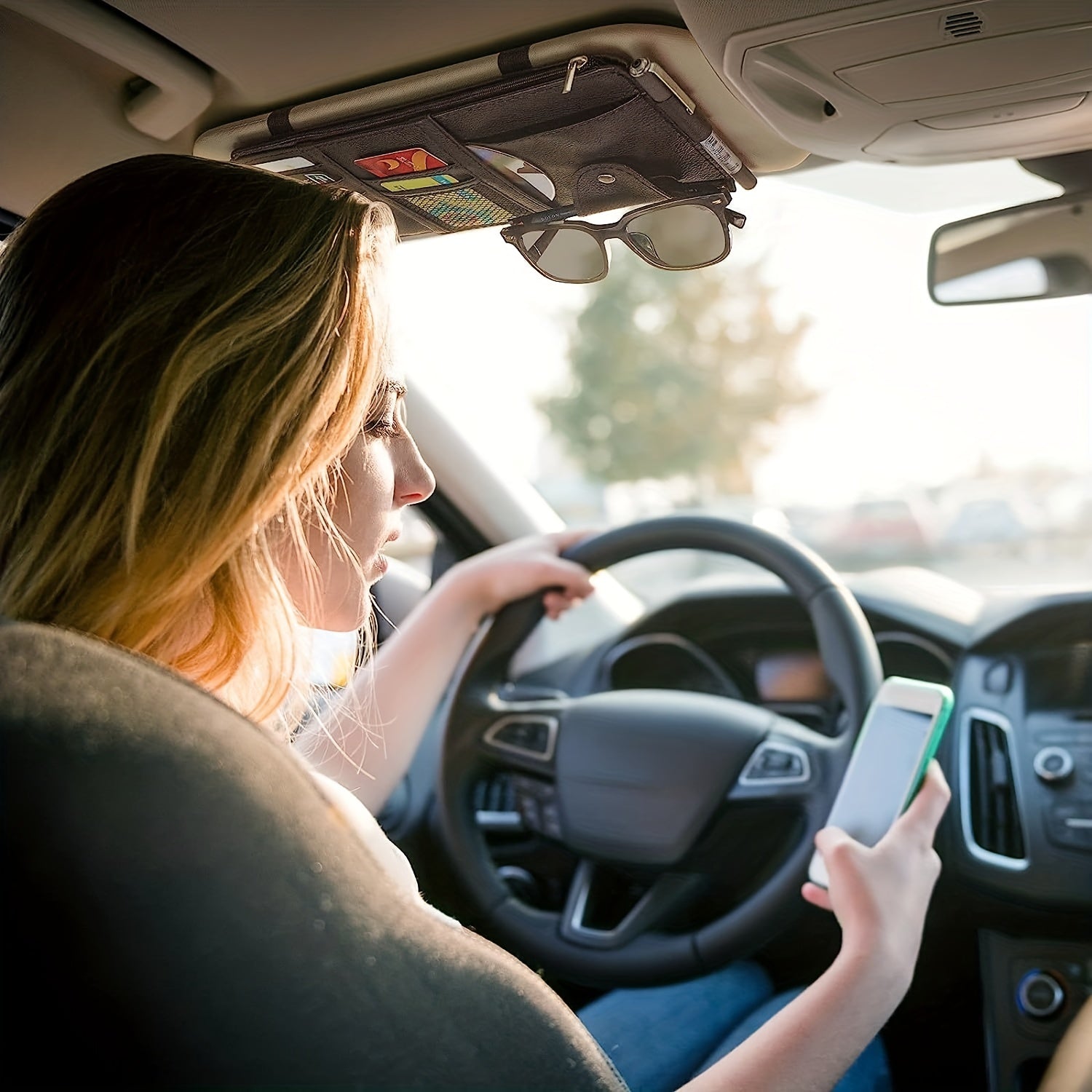 Car Sun Visor Organizer with Multiple Pockets and Card Holders in PU Leather