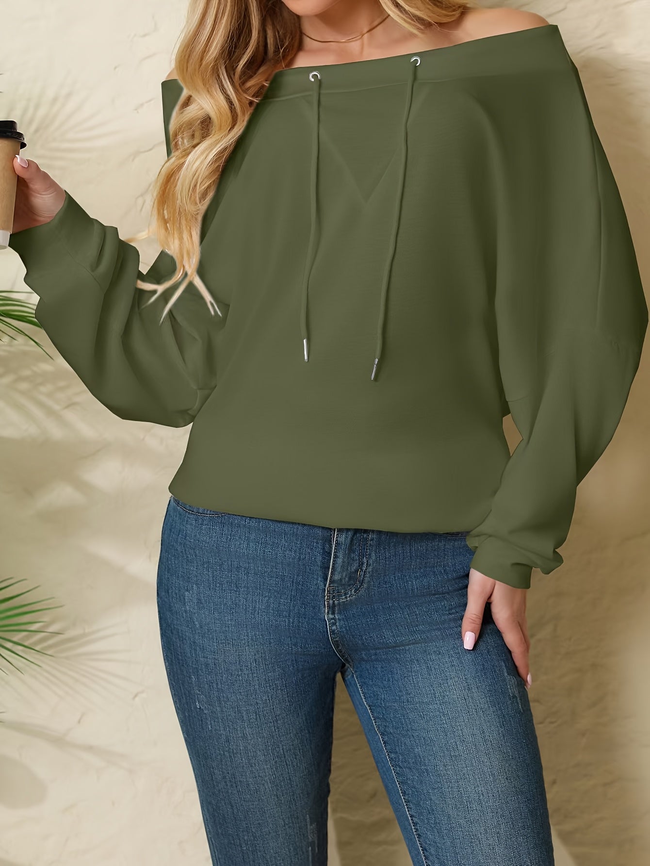 Women’s Polyester Knit Off-Shoulder Pullover Sweatshirt with Drawstring