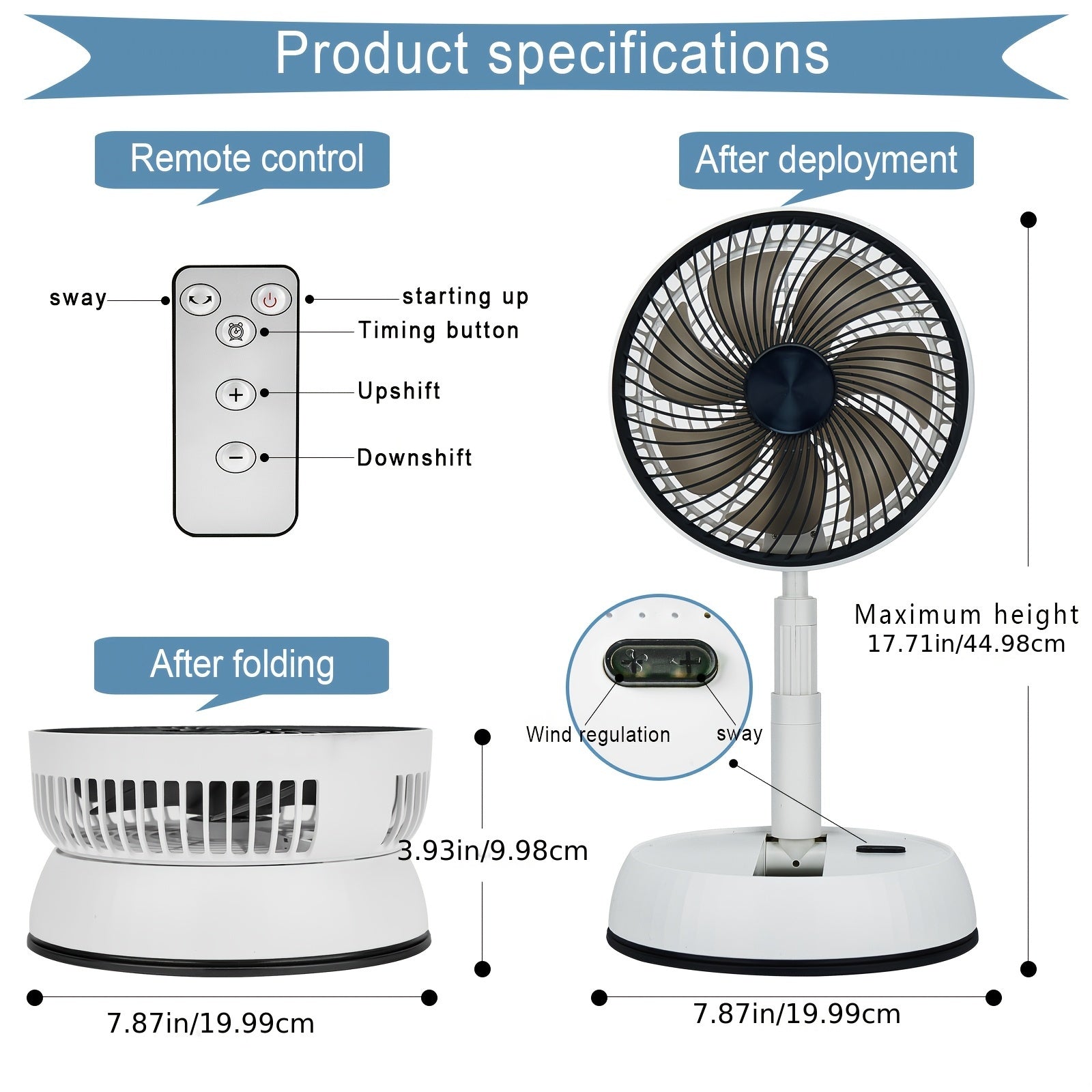 Portable Retractable Floor Fan with Remote, Rechargeable Battery, Oscillating Indoor Outdoor Fan