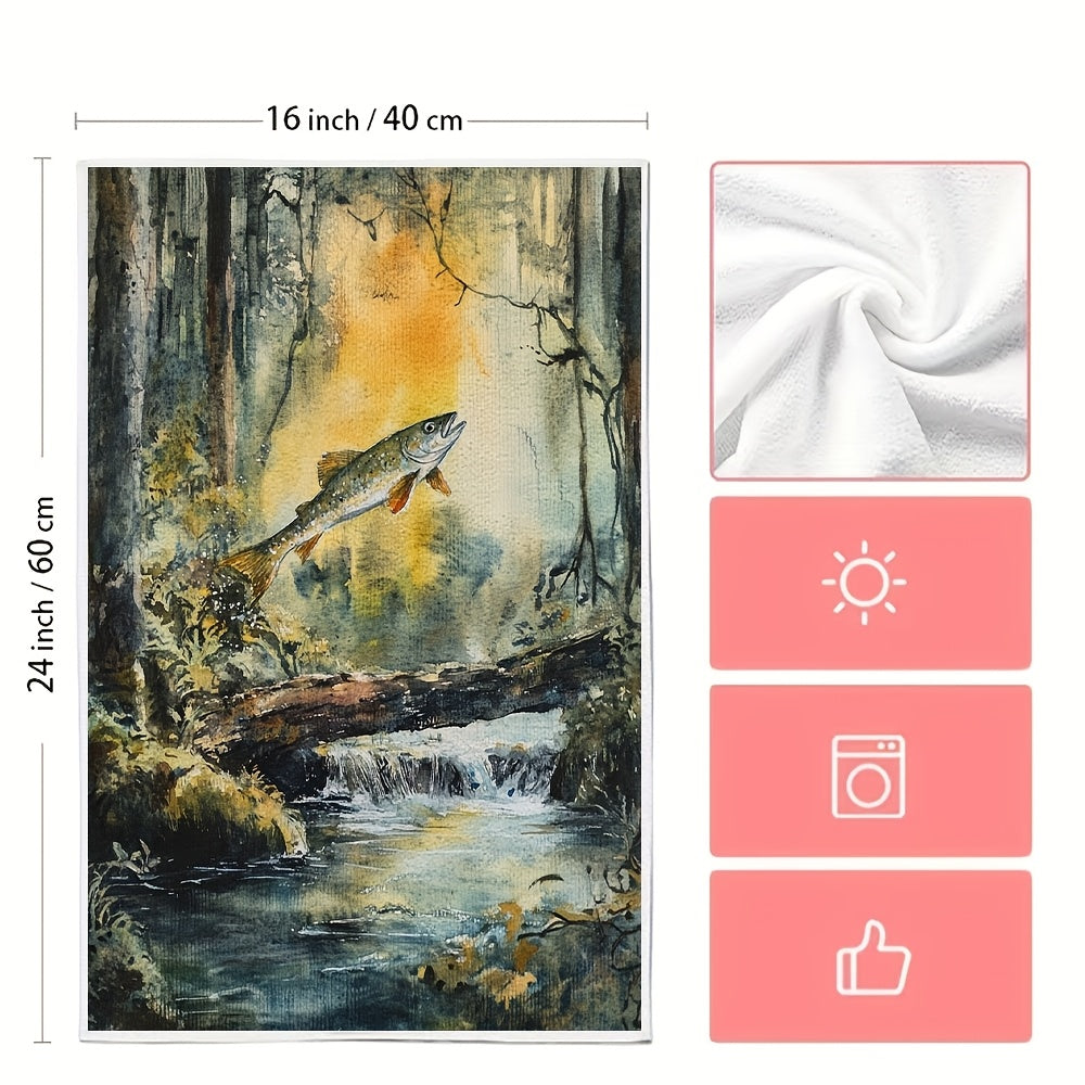2 ta Ultra Soft oshxona sochiqlari to'plami 40x60cm, suv o'tkazmaydigan, o'rmon daryosi dizayni