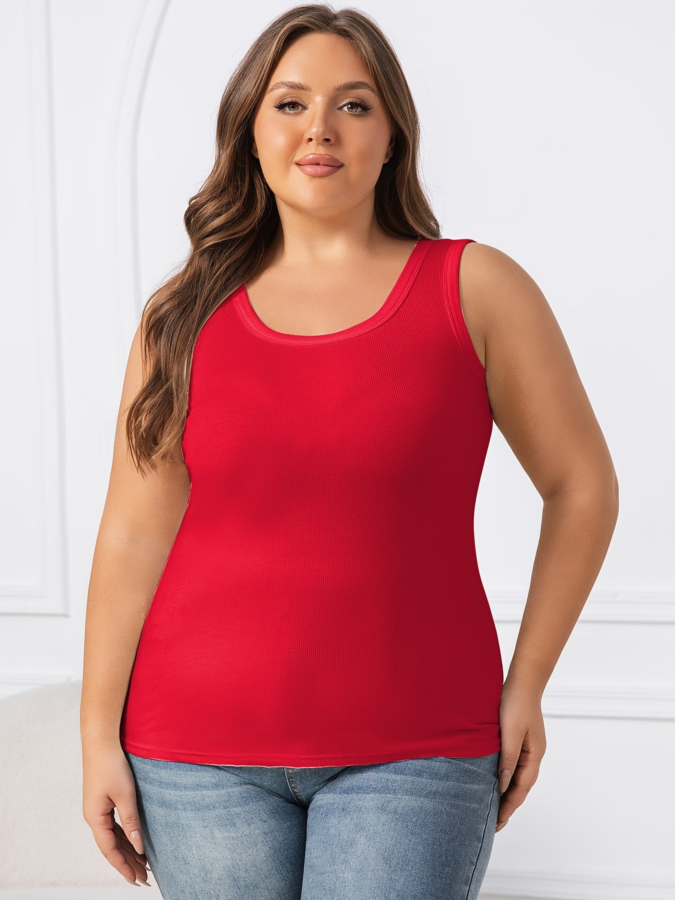 Women's Plus Size Sleeveless Tank Tops, Stretchy Loose Fit Casual Layering, Solid Colors