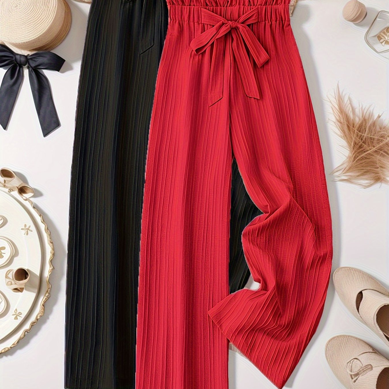 Plus Size Women’s Striped Pleated Long Pants Two Pack Casual Autumn Spring