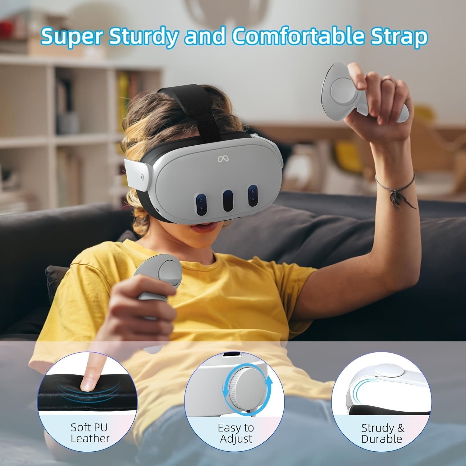 MetaQuest 3 VR boshqaruvchisi uchun sozlanadigan bosh straplari qo'llab-quvvatlash va qulaylik