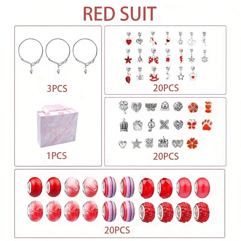 Charm Bracelet Making Kit with 63 Pieces Beads Pendants Chain Accessories Gift Box