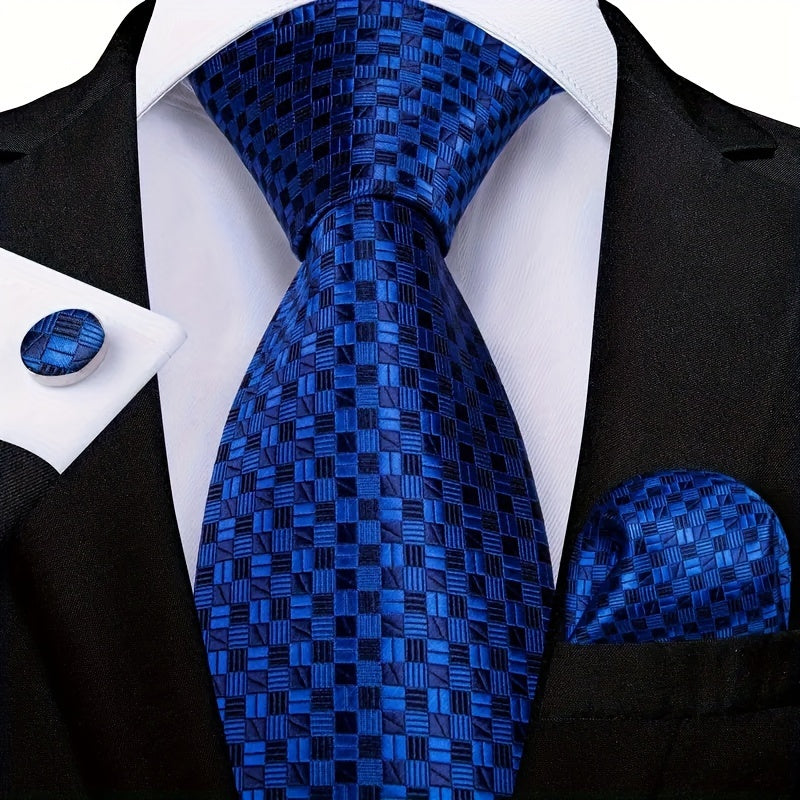 Men's Striped Necktie Set with Cufflinks and Pocket Square for Business and Parties