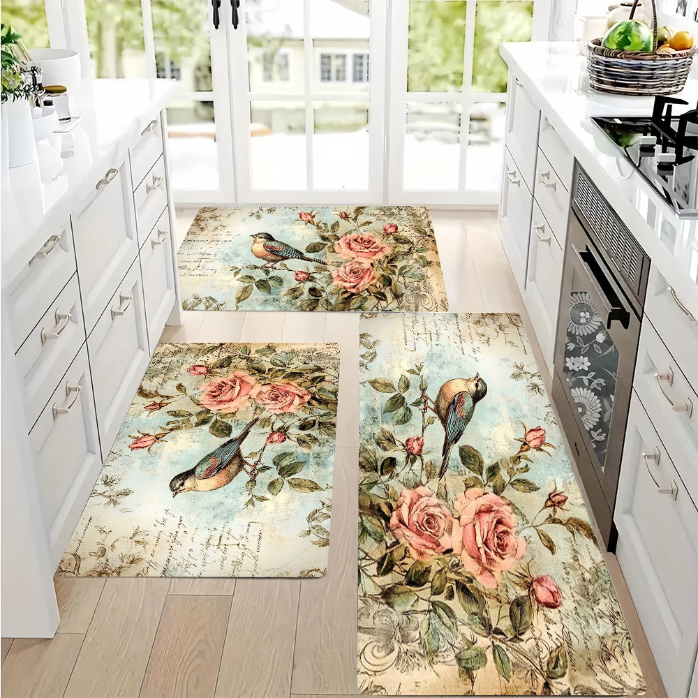 Vintage Rose and Bird Kitchen Mat Waterproof Anti-Fatigue Soft Non-Slip