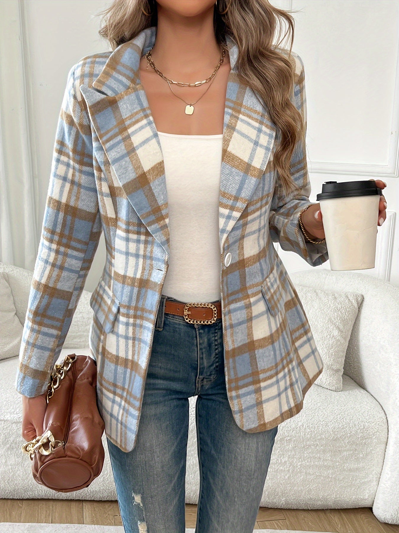 Women's Plaid Blazer Long Sleeve Casual Office Workwear Polyester