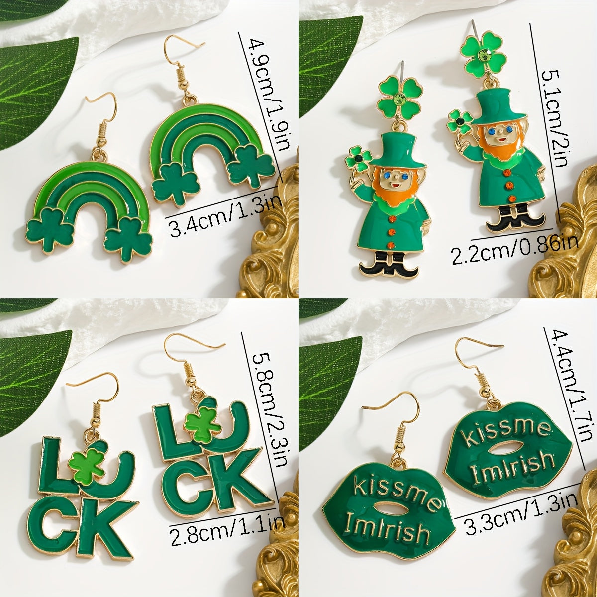 St. Patrick's Day Clover Rainbow Earrings with Rhinestones Stainless Steel Posts Green Alloy Jewelry for Her